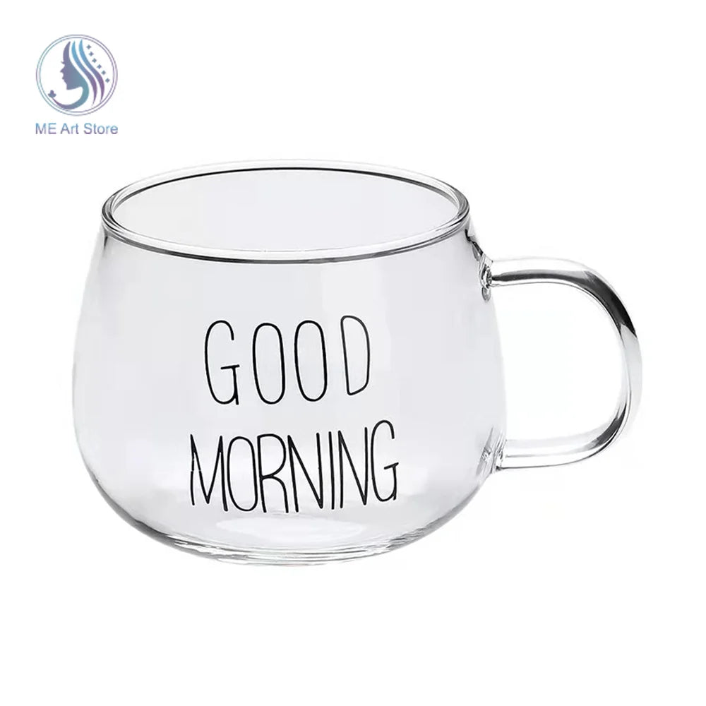 Round Glass Cup Letter Printed Good Morning Transparent Creative Glass Coffee Tea Drinks Dessert Breakfast Milk Cup Glass Mugs