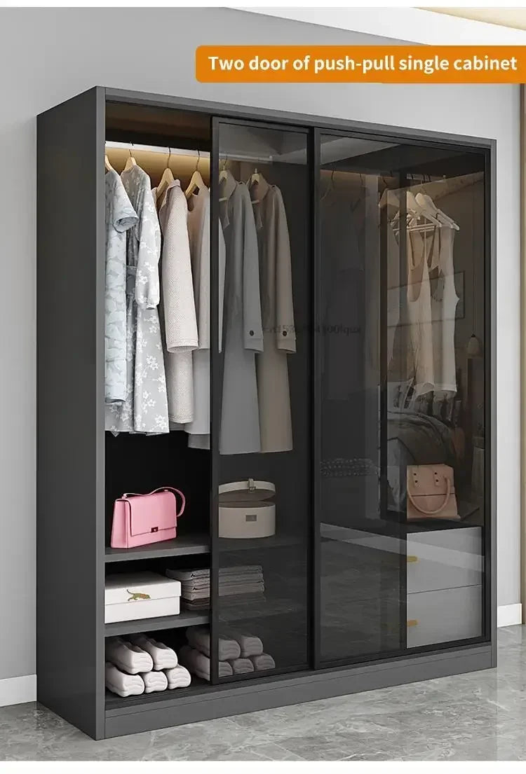 Italian Clothes Cabinet With LED Light And Storage Drawers Transparent Glass Sliding Door Bedroom Wardrobes Luxury Wood Closets