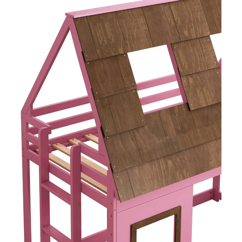 Pink House Bunk Bed with Roof Low Bunk Bed with Slide for Girls, Twin Over Twin, with slide, with built-in ladder