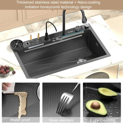 31.5" Kitchen Sink, Stainless Steel Twin Waterfall Sinks with Faucet, LED Display, Honeycomb Nano Kitchen Sink