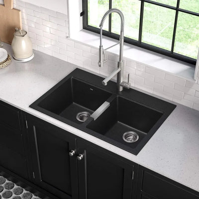 33 Inch Dual Mount 50/50 Double Bowl Granite Black Kitchen Sink W/Drop in And Undermount Kitchen Sink Installation