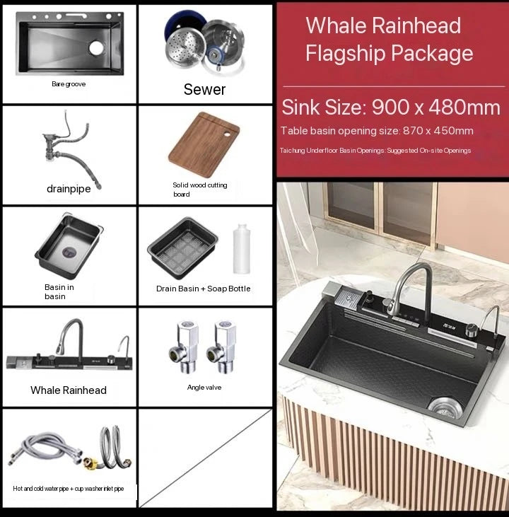 2024 Integrated Waterfall Kitchen Sink Honeycomb Technology Large Digitial Display Stainless Steel Soap Dispenser Cup Washer