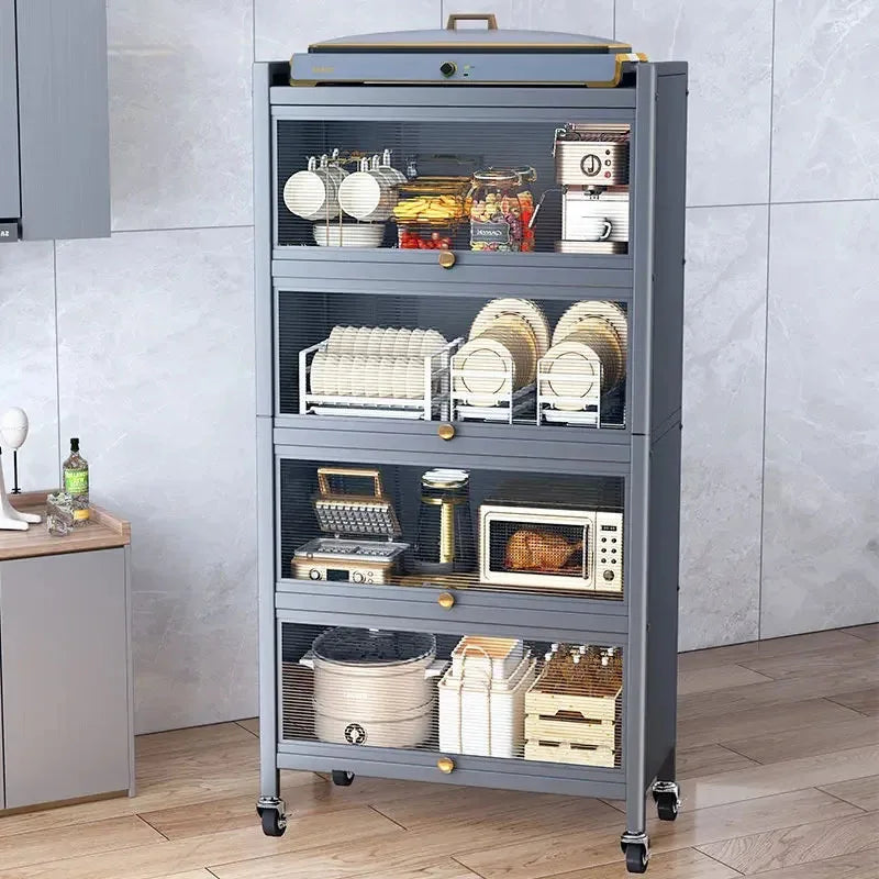 Modern Carbon Steel Kitchen Cabinets Home Storage Cabinet Multi-functional Multi-layer Microwave Oven Floor Rack with Flip Door