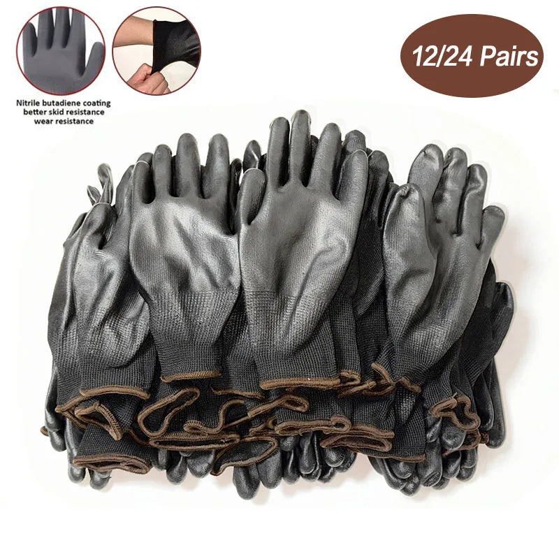 Logo Free Polyurethane Gloves PU Coated-12/24 Pairs , Durable Safety Work Gloves Carpenter Repairman Supplies ，for Men and Women