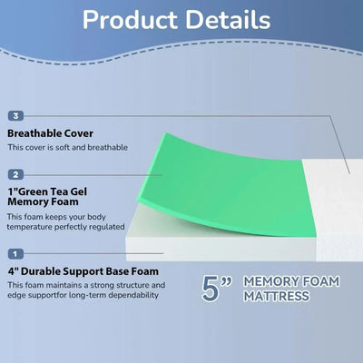 Mattress Cooling Gel Filled, 5" Green Tea Memory Foam, Fiberglass-Free, CertiPUR US Certified, White, Medium Firmness Mattress