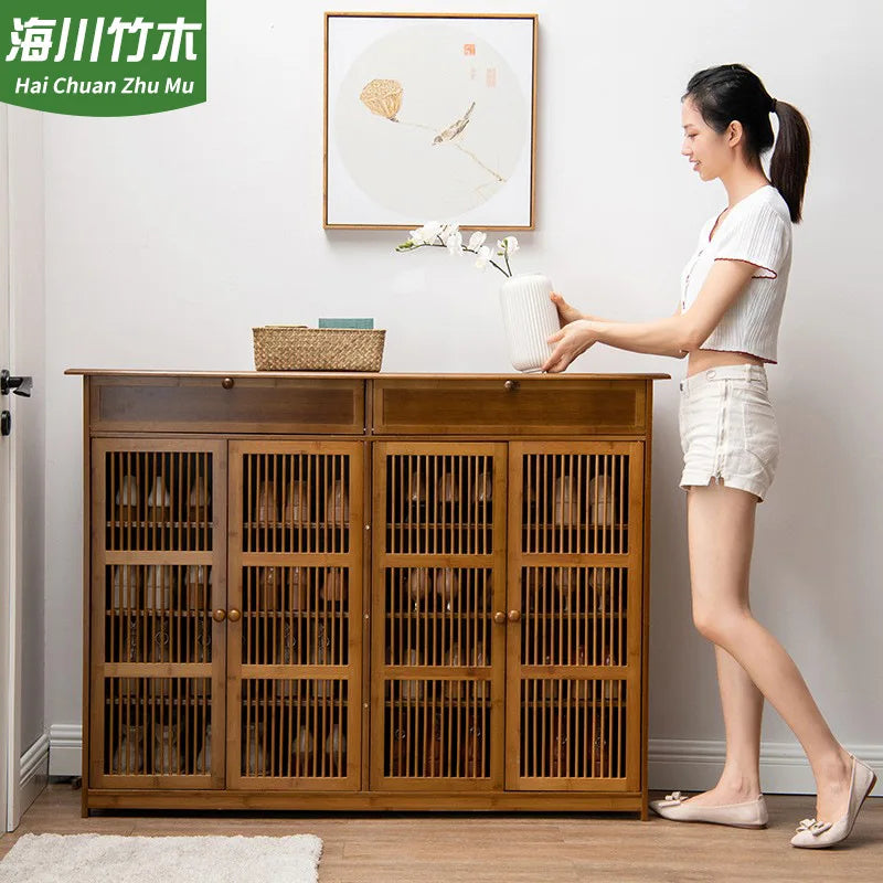 Household corridor door shoe cabinet living room multi-layer shoe rack small apartment bamboo solid wood dustproof shoe storage