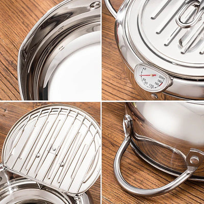 Japanese Deep Frying Pot with A Thermometer and A Lid 304 Stainless Steel Kitchen Tempura Fryer Pan 20 24 Cm KC0405