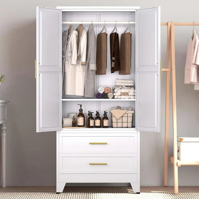 Wardrobe 71" Metal Armoire Wardrobe Closet with 2 Drawers, Freestanding 2-Door Tall Clothing Storage with Adjustable Shelves