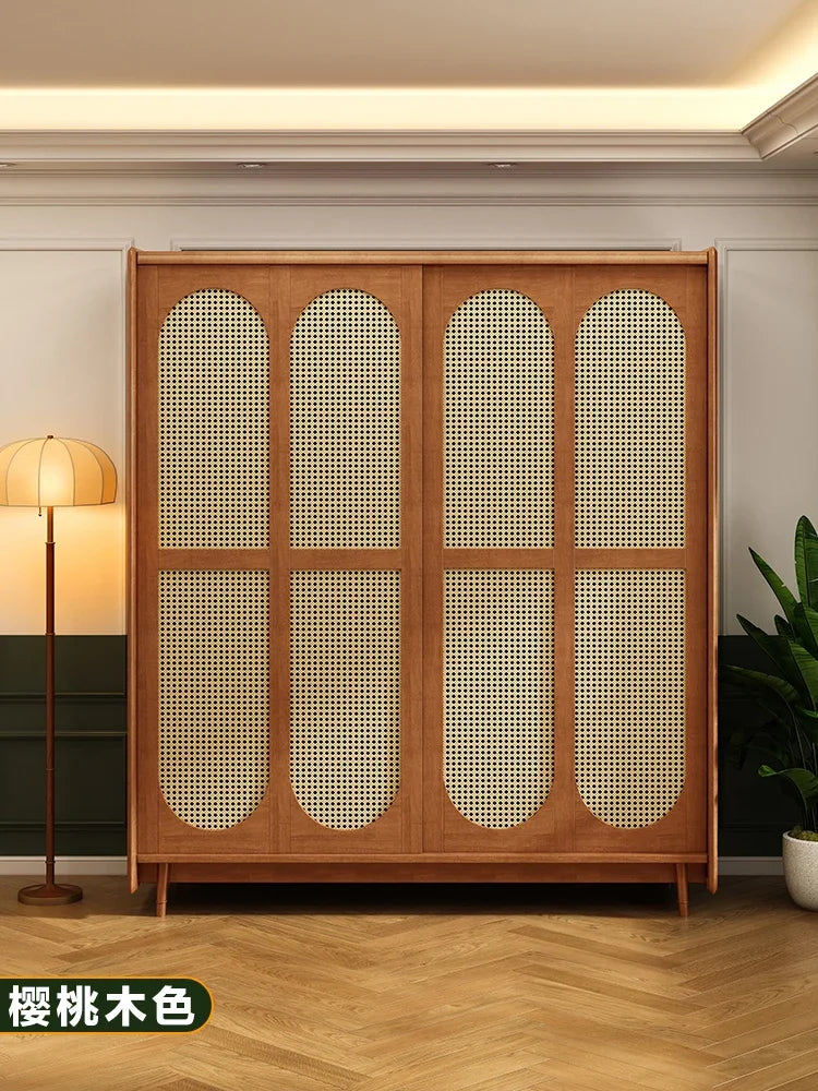 Solid Wood Wardrobe Home Bedroom Small Apartment Closet American Style French Style Retro Wardrobe Rattan Sliding Door Wardrobe