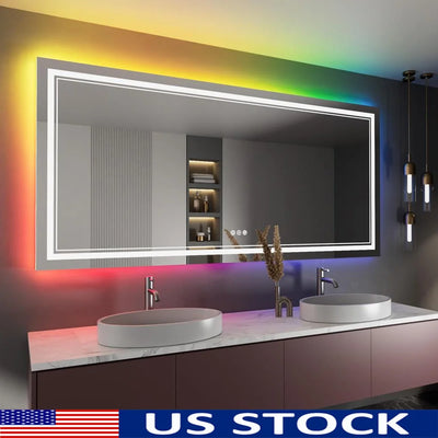 84x40 Inch RGB Backlit LED Bathroom Mirror Front & RGB Lighting Stepless Dimming Anti-Fog Tempered Glass Easy Installation