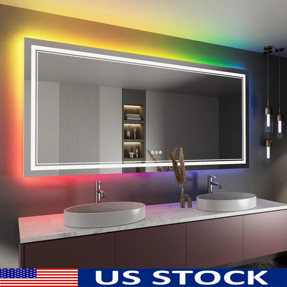 84x40 Inch RGB Backlit LED Bathroom Mirror Front & RGB Lighting Stepless Dimming Anti-Fog Tempered Glass Easy Installation