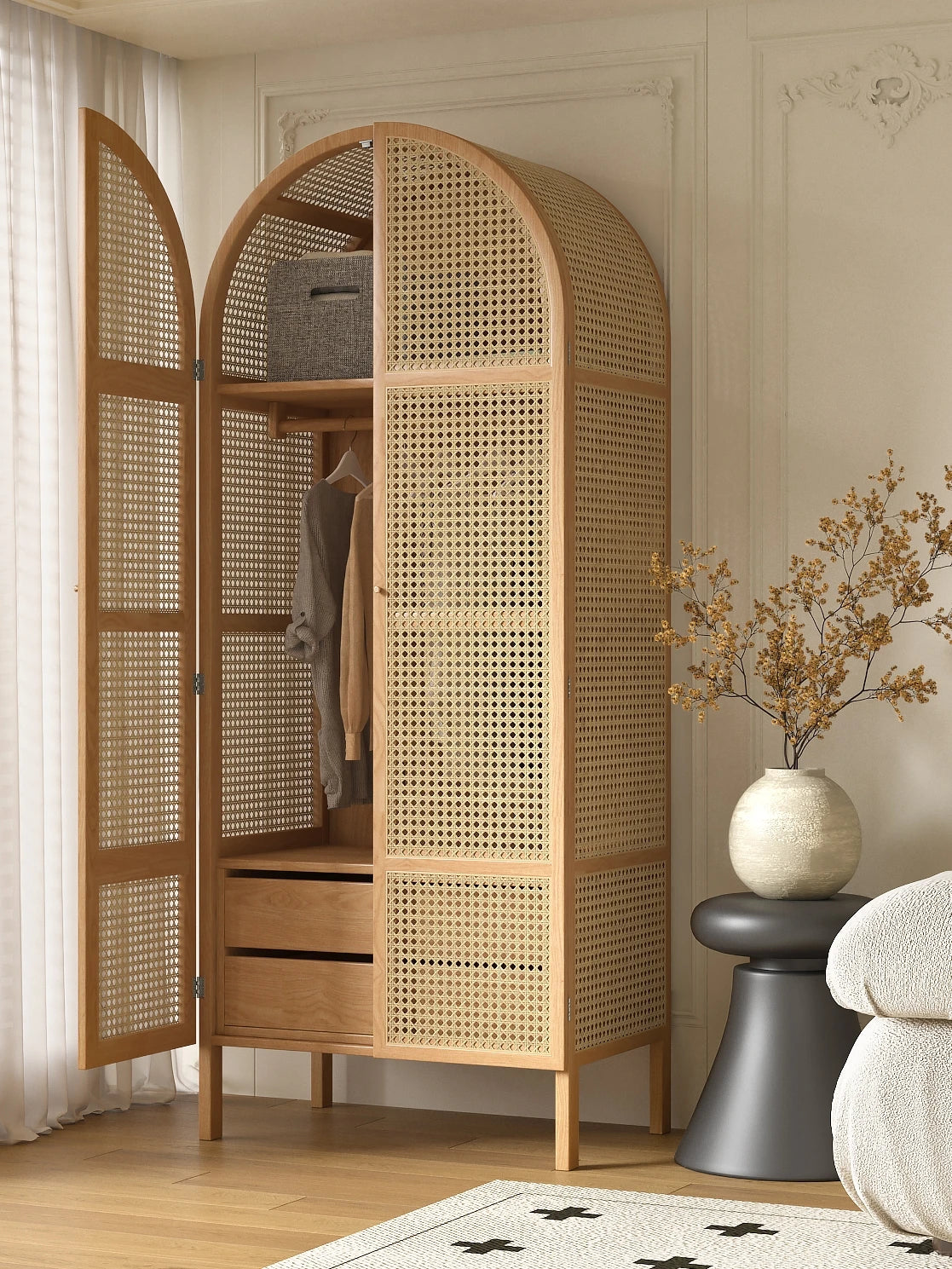 Rattan wardrobe Japanese solid wood wabi-**** wind designer home storage B & B hotel home storage wardrobe