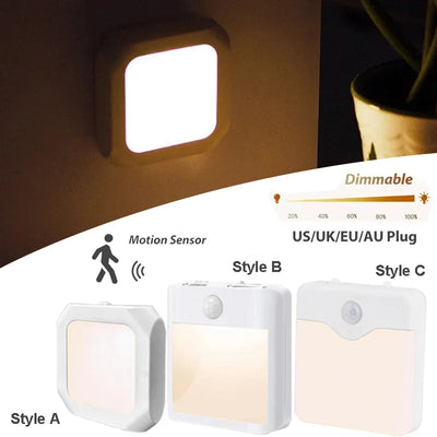 Motion Sensor Night Light LED Wireless Night Lamp US EU UK AU Plug Energy Efficient Dimmable Sensor Stairway Lamp for Bedroom