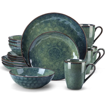 Starry 16 Pieces Green Dinnerware Set, Reactive Change Glaze Dinner Set, Plates and Bowls Set