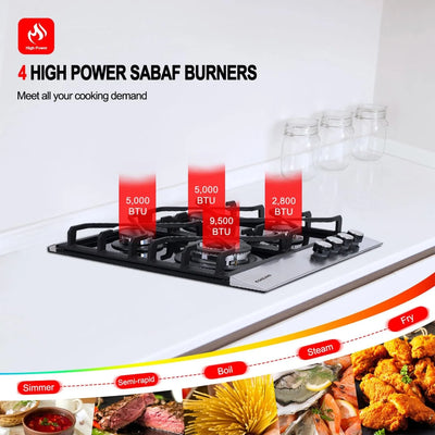 4 Burner Gas Cooktop,24 Inch Gas Hob, NG/LPG Convertible Natural Gas Propane Cooktops,Black Tempered Glass