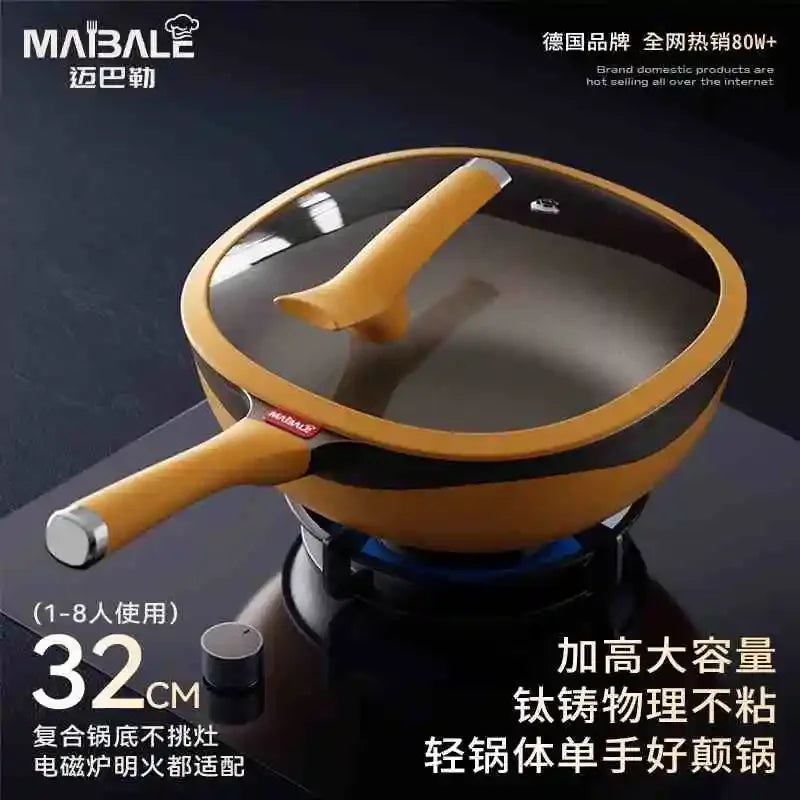 Maibole Titanium 32cm Woks Stone Cast Pan with Non-Stick Coating for Cooking on Induction Stove and Gas Stove Vertical Pot Lid