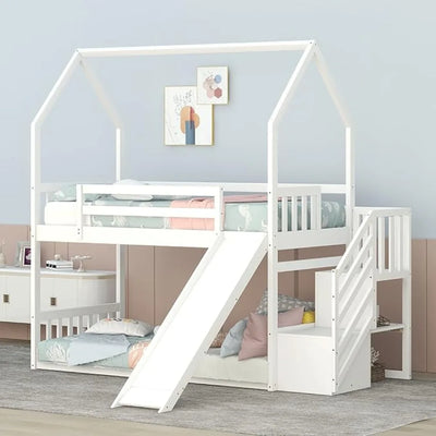 House Bunk Bed with Convertible Slide and Storage Staircase, Wood Twin Over Twin Bunk Bed Frame, No Box Spring Needed (White)