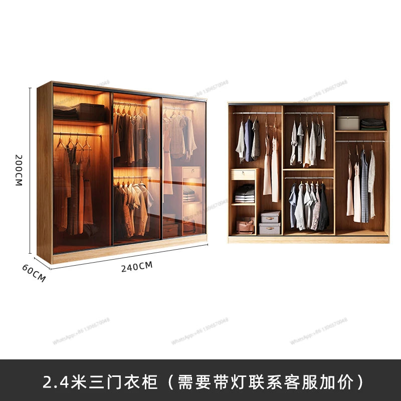 Sliding Door Wardrobe, Household Small Unit cCabinet, Light Luxury Glass Door, Overall Sliding Door Wardrobe