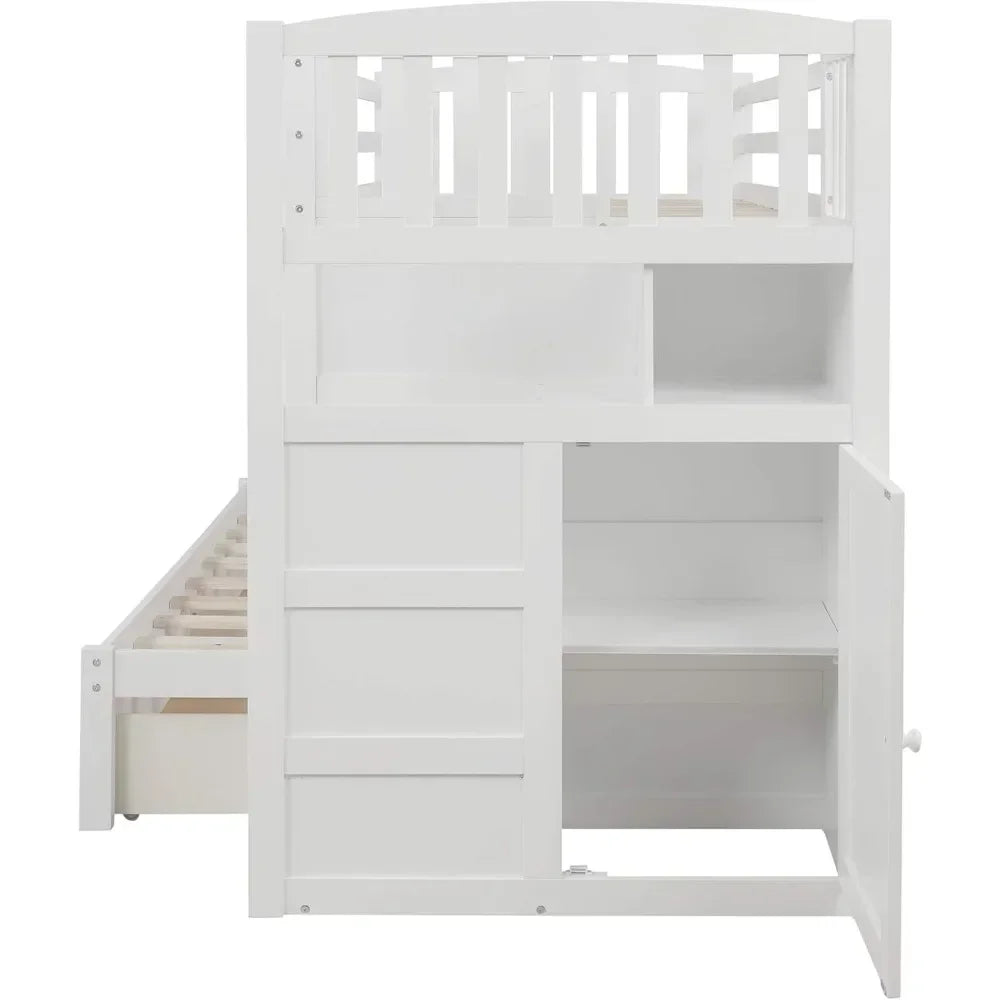 Wood Bunk Bed, with Storage Drawers and Staircase,Convertible Bottom Bed, Twin Over Twin Bunk Beds with Cabinet