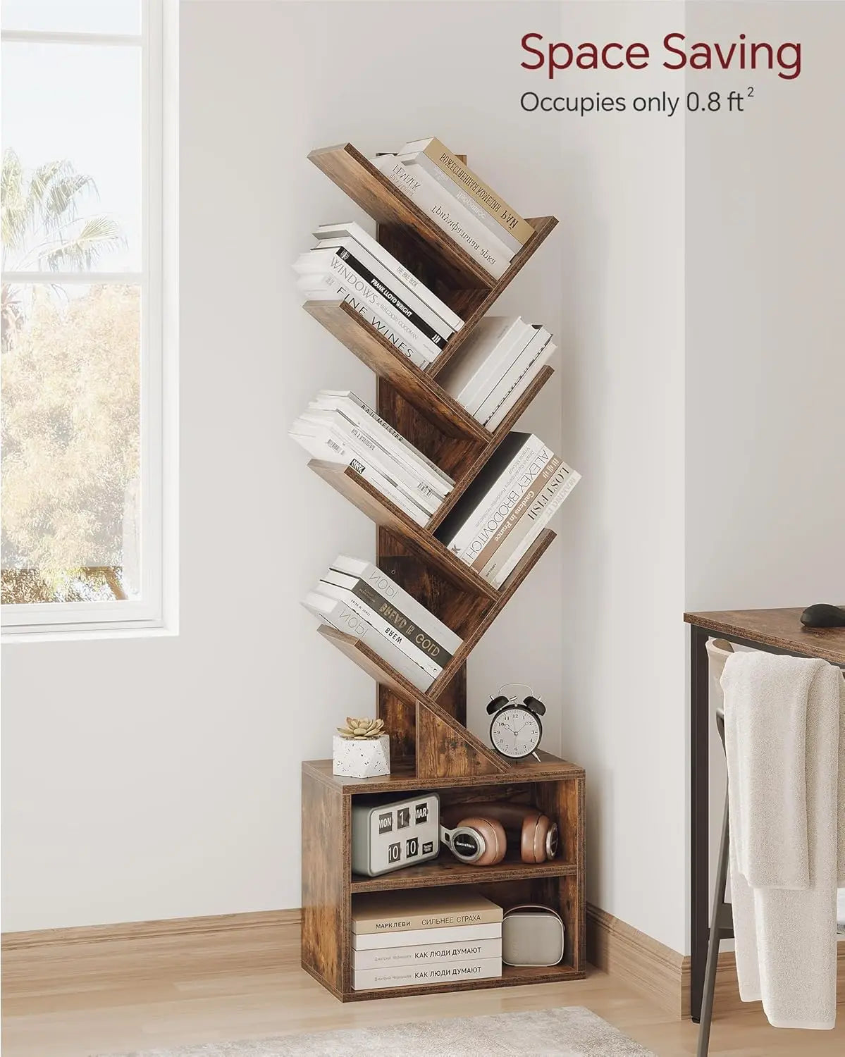 6 Tier Tree Bookshelf, Small Bookcase with Storage Cabinet,Modern Tall Narrow Bookshelves Organizer, Floor Standing,Rustic Brown