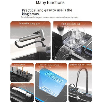 100x50cm Stainless Steel Waterfall Kitchen Sink With Knife Holder Digital Display Faucet Set Embossed Extra Large Single Slot