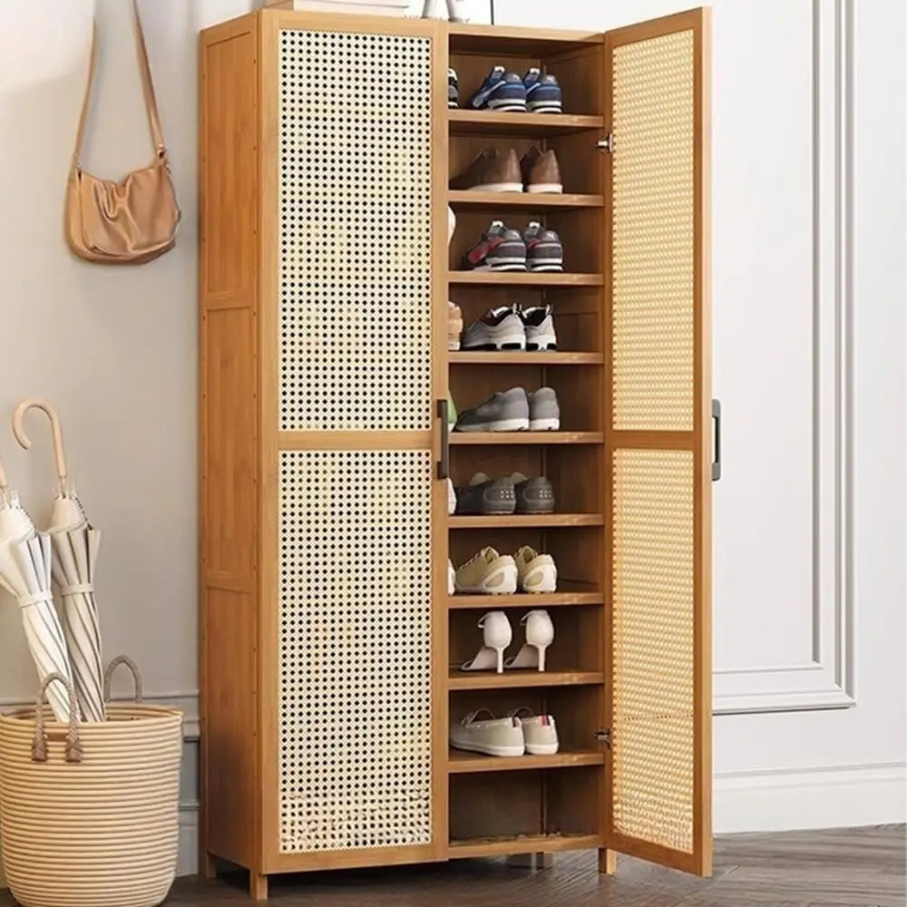 24" 10-Tier Shoe Storage Cabinet with Doors，Hidden Shoe Shelving with Adjustable Shelf Closed Back，Bamboo Shoe Console