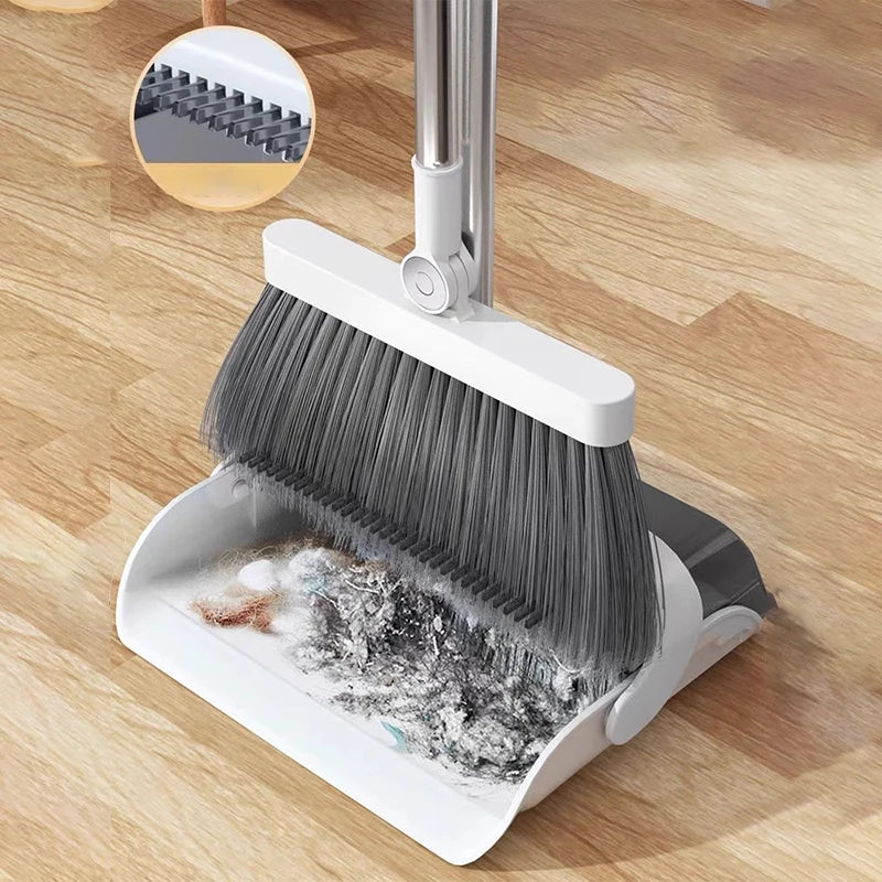 Broom Foldabl Dustpan Cleaning Tool Set Comb Teeth 180° Rotation Combo Upright Standing Portable Kitchen Floor Pet Hair