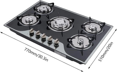 Cooktop 30.3 Inch Built-in Stove Hob Cooktop with 5 Burners Tempered Glass Gas Stovetop with Thermocouple Protection, NG/LPG Con