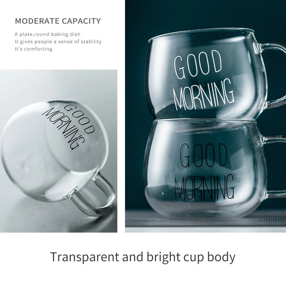 360ml Breakfast Coffee Cup Tea Mug Transparent Glass Cup Drinks Dessert Milk Cup Glass Mugs Letter Printed Handle Drinkware