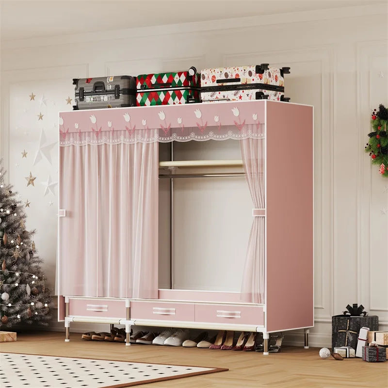 Simple wardrobe, durable and practical, easy to assemble, Christmas atmosphere, mesh cover and drawers