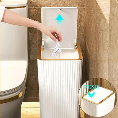 15L Nordic Gold Bathroom Trash Can Covered Slim Trash Can with One-Touch Lid for Bathroom Toilet Living Room Kitchen Bedroom