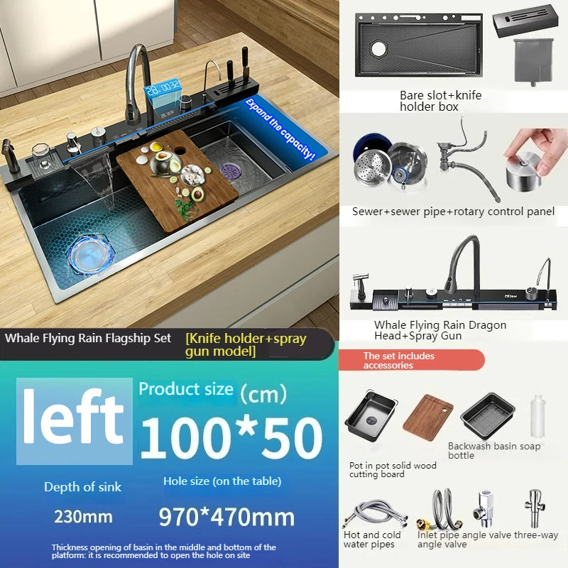 Stainless Steel Kitchen Sink With Waterfall 100x50cm Extra Large Single Bowl Digital Display Multifunctional Dishwashing Sinks