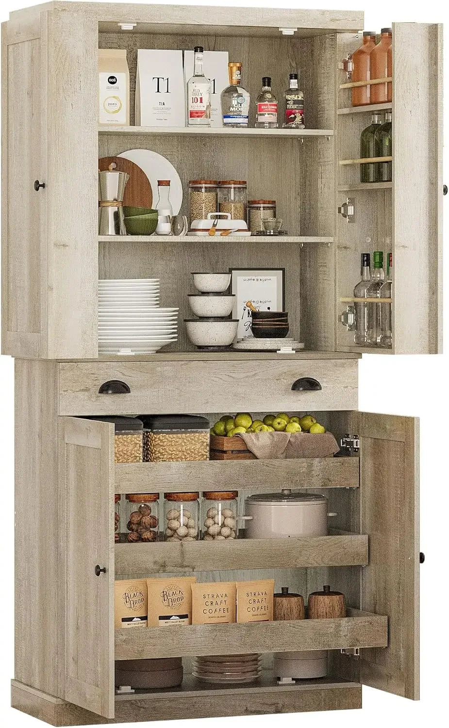 Kitchen Pantry Cabinet 72" Height, Freestanding Cupboard with Drawer, Sliding Storage Rack,and 6 Hanging Shelves for Dining Room