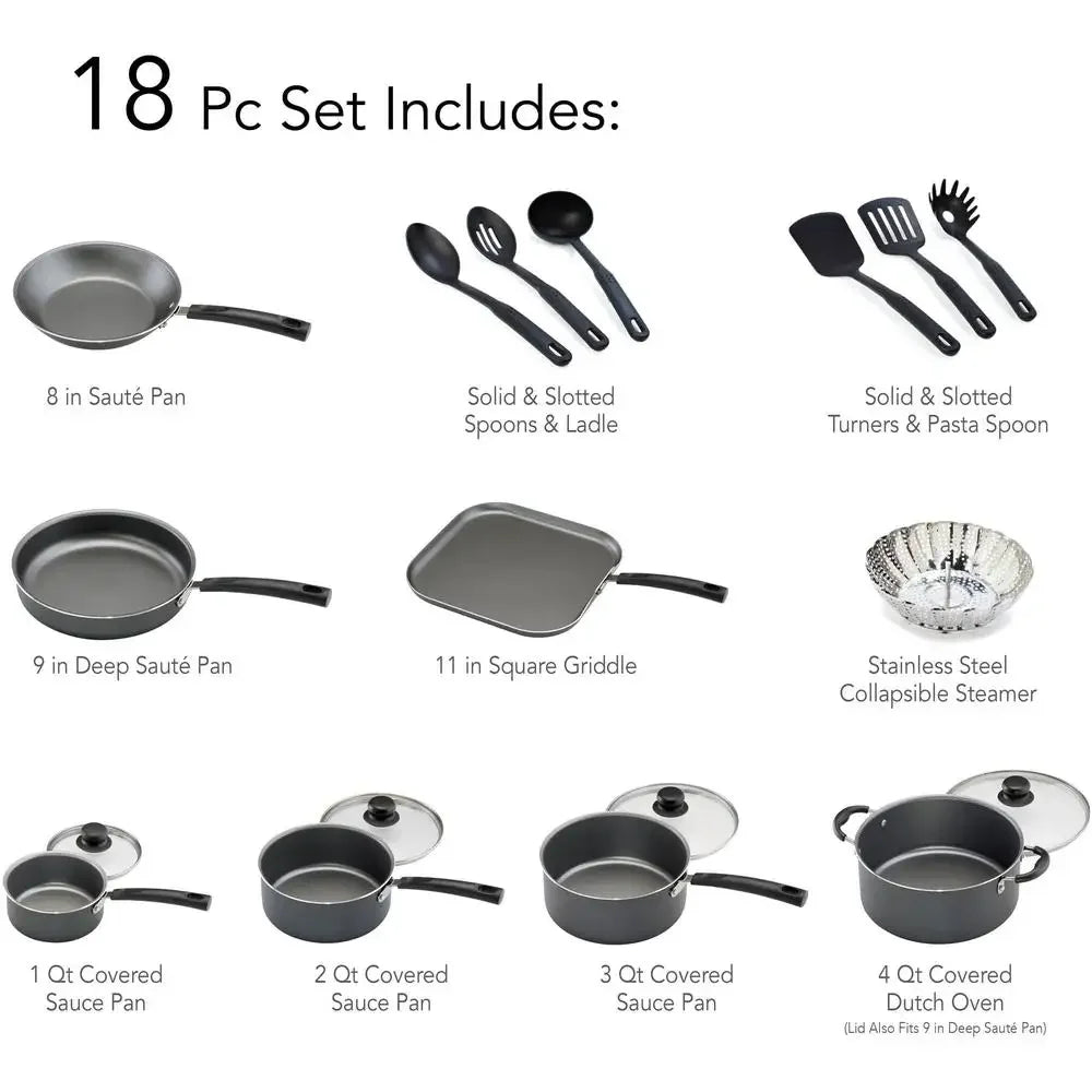 18-Piece Stainless Steel Nonstick Cookware Set Gray Interior Glass Lids Dishwasher Safe Gas/Electric/Ceramic Compatible Riveted