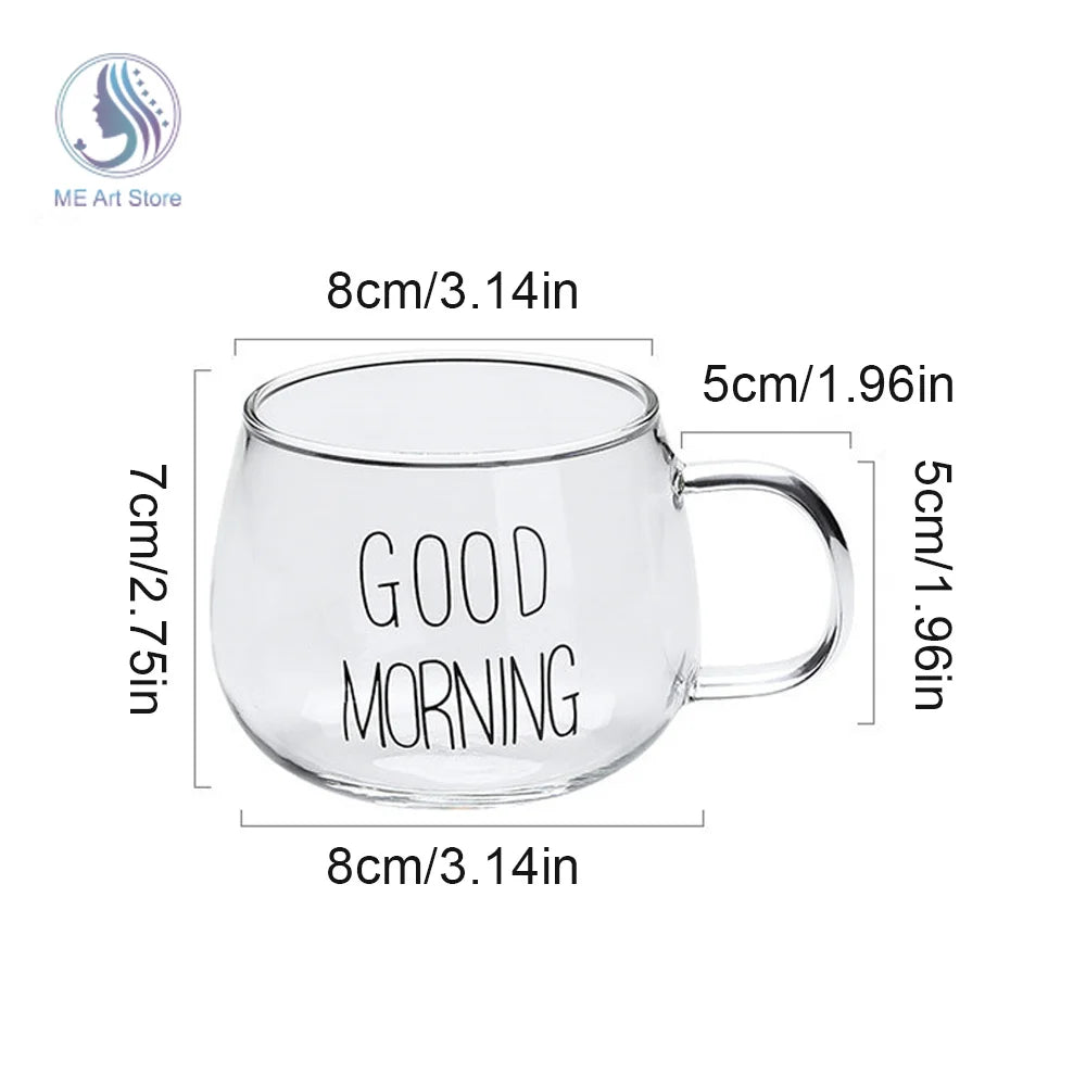 Round Glass Cup Letter Printed Good Morning Transparent Creative Glass Coffee Tea Drinks Dessert Breakfast Milk Cup Glass Mugs