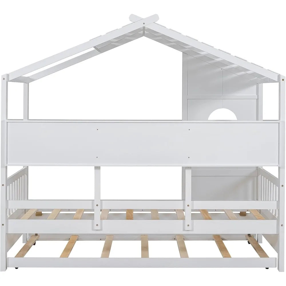 Twin Size House Bed with Trundle, Wooden Daybed Frame with Roof/Window/Guardrail and Storage Shelf for Kids, Teens Boys or Girls