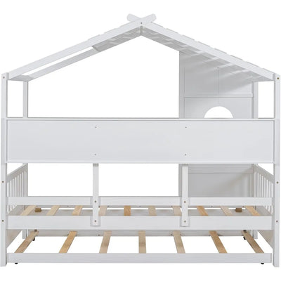 Twin Size House Bed with Trundle, Wooden Daybed Frame with Roof/Window/Guardrail and Storage Shelf for Kids, Teens Boys or Girls