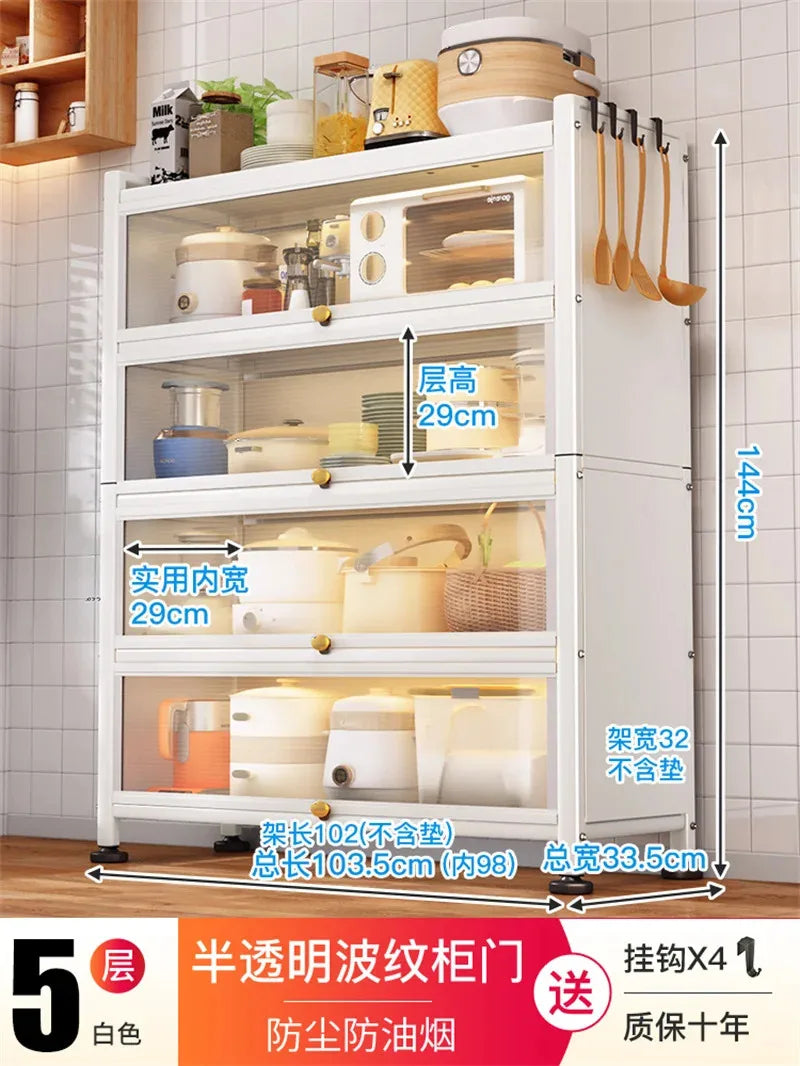 Modern Carbon Steel Kitchen Cabinets Home Storage Cabinet Multi-functional Multi-layer Microwave Oven Floor Rack with Flip Door