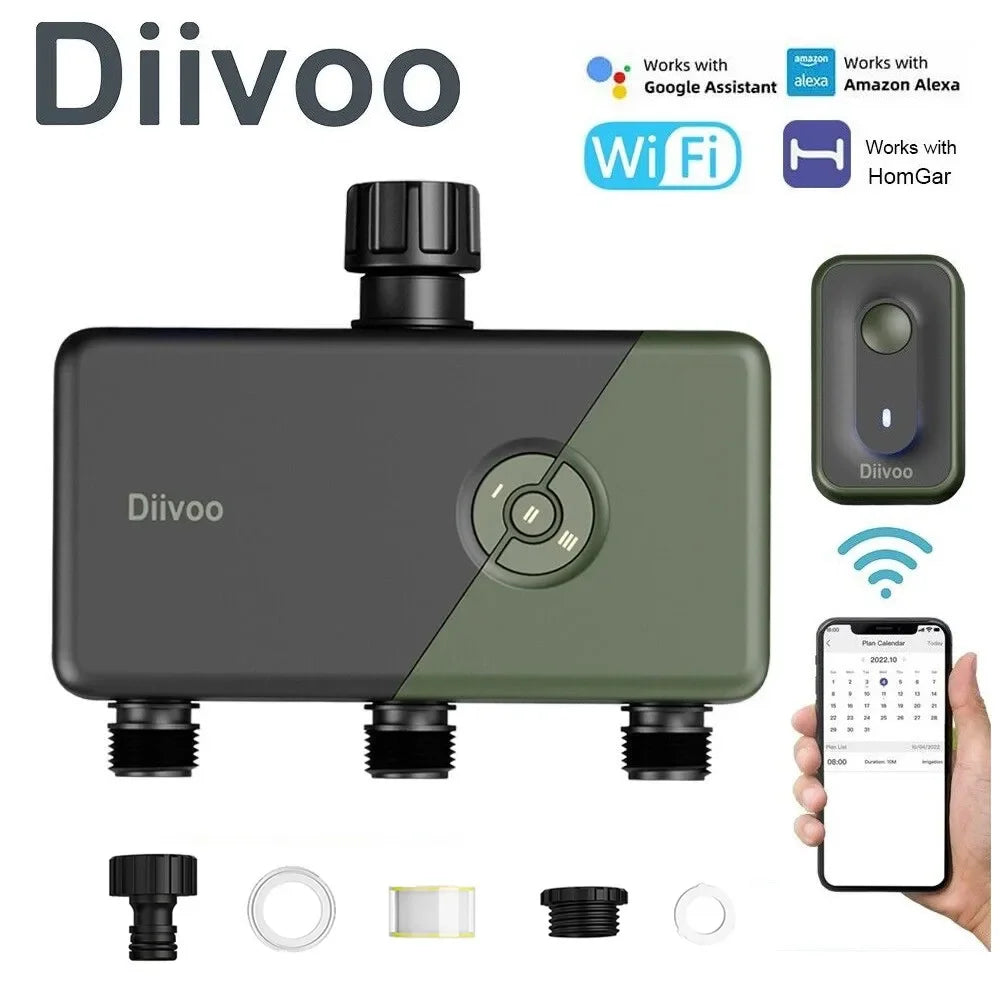 Diivoo-WiFi Garden Watering Timer, Smart Sprinkler Irrigation Controller, Water Valve, 1, 2, 3 Zones