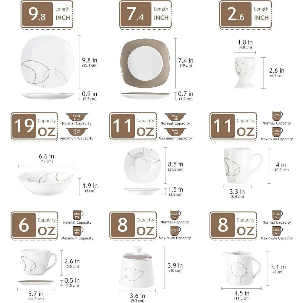 Dish 50-Piece Dinnerware Sets for 6 Kitchen Dishes Cup and Saucer Set Plates Dinner Sets Microwave and Dishwasher Safe Egg Cups