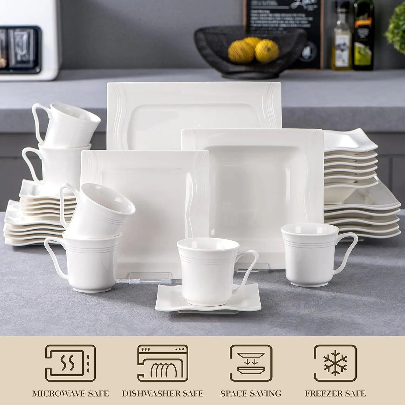 Ivory White Dinnerware Sets 60 Piece Porcelain Plates and Bowls Sets for 12 Kitchen Square Dish Set with Dinner Plates and Bowls