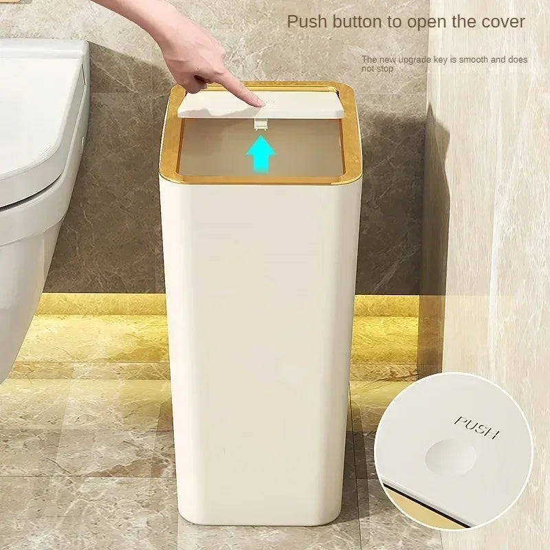 Bathroom Trash Can Large Garbage Can With Press Top Lid For Toilet Bedroom Living Room Plastic Wastebasket With Pop Up Lid