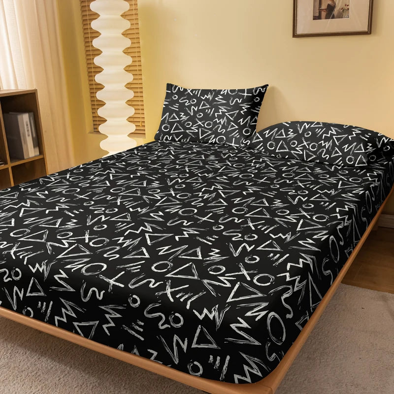 1 black background matte bed sheet with random patterns, bedroom printed bed cover, bedding (excluding pillowcases)