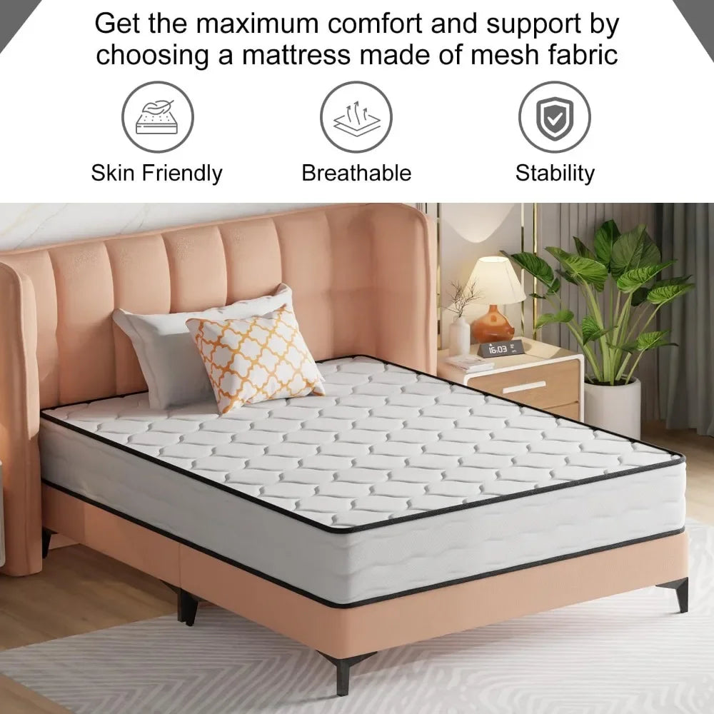 Queen Size Mattress with Innerspring and Foam, Fiberglass Free, Pressure Relief, 10 Inch Medium Firm Spring Mattress