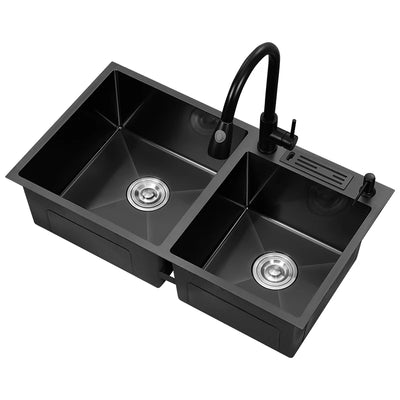 Nano sink double sink, black thickened stainless steel handmade basin, kitchen vegetable basin, household dishwasher with knife