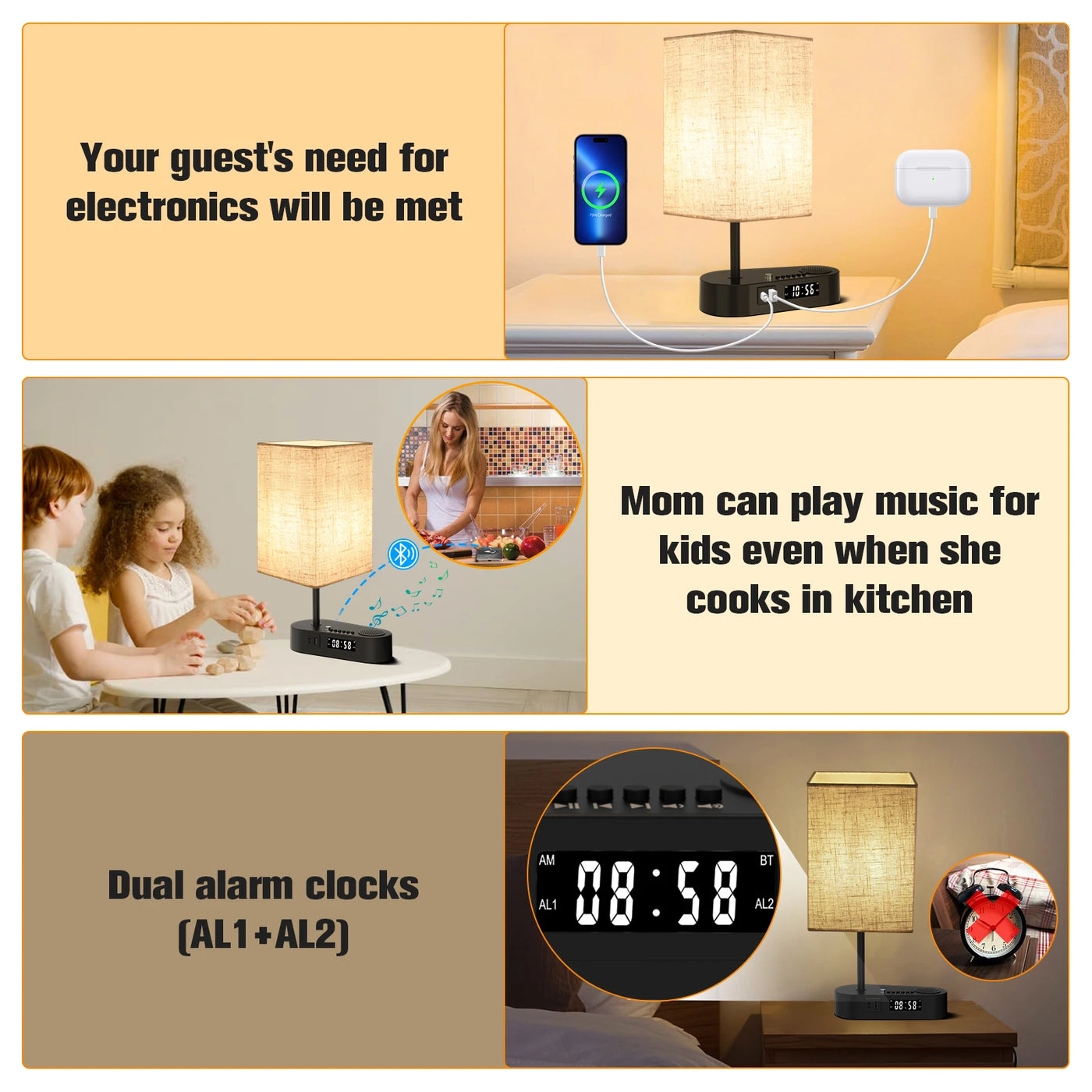 Bedside Table Lamp with Bluetooth and Alarm Clock Function Fabric Music Player Table Lamp Three Color Adjusted for Living Room