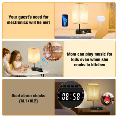 Bedside Table Lamp with Bluetooth and Alarm Clock Function Fabric Music Player Table Lamp Three Color Adjusted for Living Room