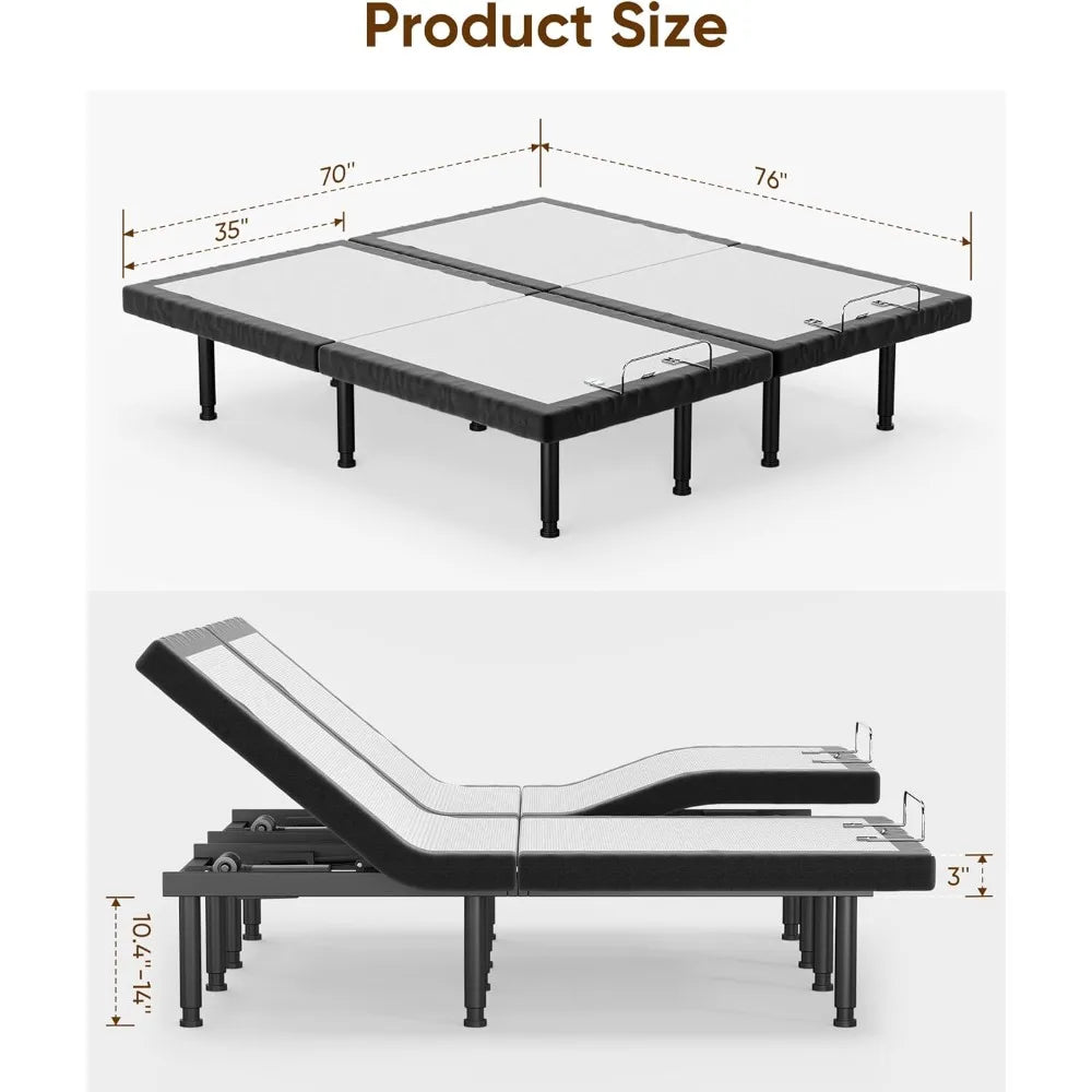 Split King Adjustable Bed Frame with 3-Speed Massage, Memory Pre-Sets, Zero Gravity Base, Head and Foot Incline, Bed Frame