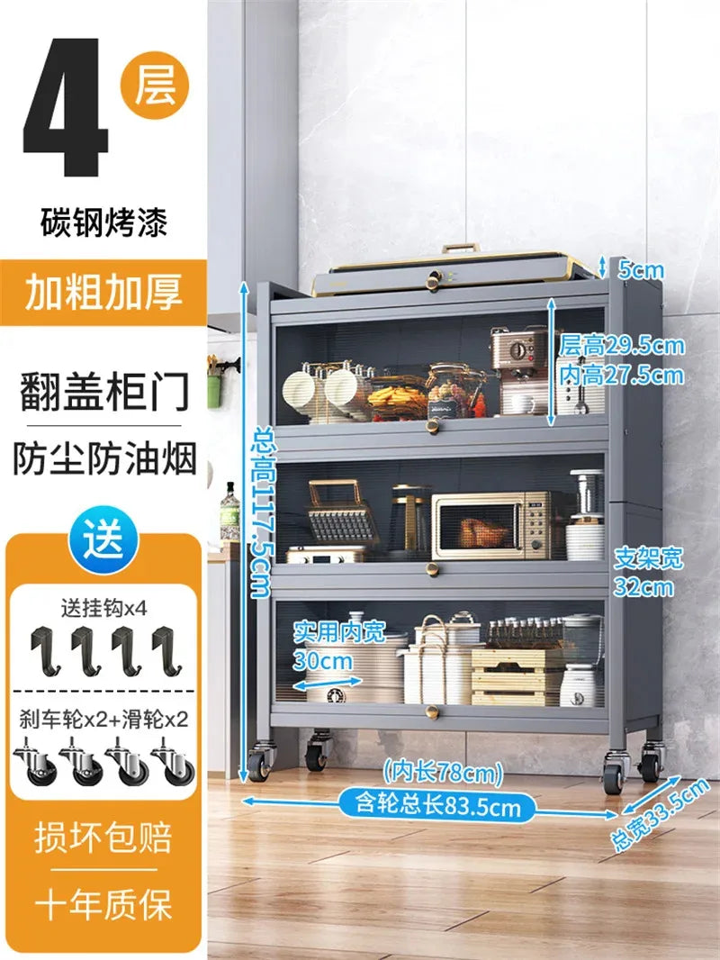 Modern Carbon Steel Kitchen Cabinets Home Storage Cabinet Multi-functional Multi-layer Microwave Oven Floor Rack with Flip Door