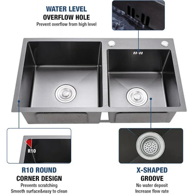 31 x 18 Black Double Bowl Kitchen Sink, Drop-in/Topmount Overmount Kitchen Sinks Basin with 304 Nano-Coated and Accessories